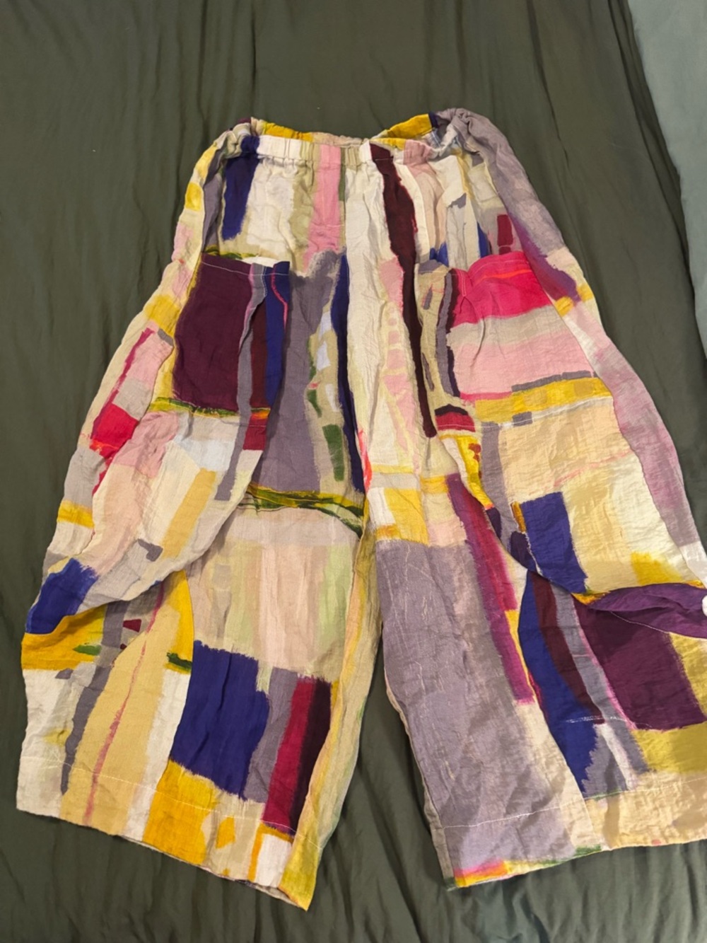 Patchwork Wide-Leg Cotton Blend Pants - Multicolor